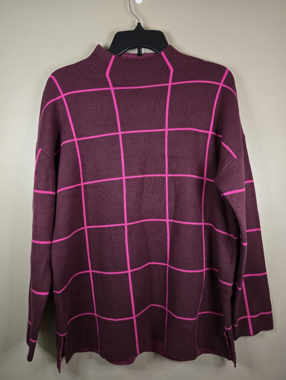 LOFT Burgundy Mock Neck Sweater with Pink Windowpane Size Large